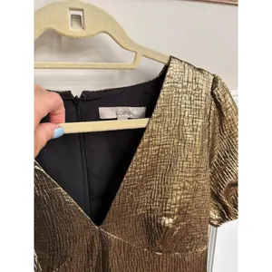 LOFT gold‎ metallic puff sleeve dress features a deep V-neckline and textured 8 thumbnail 2