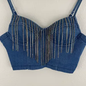 Haute Monde Y2K Vibes Blue Denim Cowgirl Western Rhinestone Fringe Crop Bustier Tank Top thumbnail 4