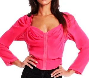 Nordstrom In Earnest The Rouche Portrait Hibiscus Hot Neon Pink V-Neck Chiffon Puff Sleeve thumbnail 1