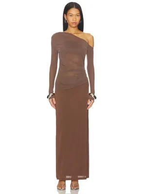 SOVERE Zeya One Shoulder Mesh Maxi Dress Mocha Ruched Sheer Long Sleeve Evening thumbnail 2