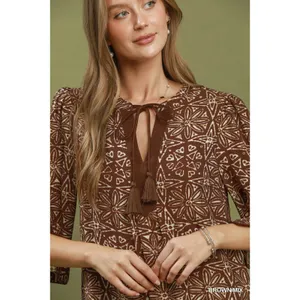 Umgee Mix Geometric‎ Print V-Neck Tassel Detail Tunic Dress - Brown Mix - Large thumbnail 6