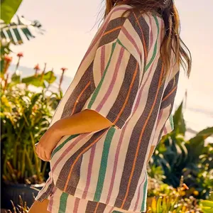 Free People Striped Button Down Shirt in Pink, Green, Brown, White thumbnail 4