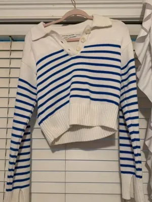 English Factory White and Blue Striped V-Neck Cropped Sweater thumbnail 1