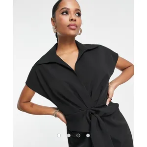 ASOS DESIGN Black Short Sleeve Knot Front Midi Dress US 14 V-Neck Collar thumbnail 3