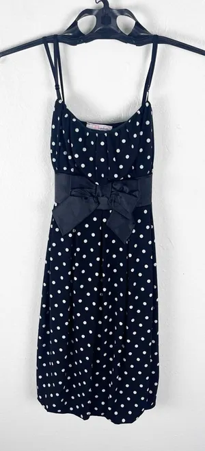 LIPSTICK Black White Polka Dot Bow Waist Spaghetti Strap Bubble Hem Dress Small thumbnail 1