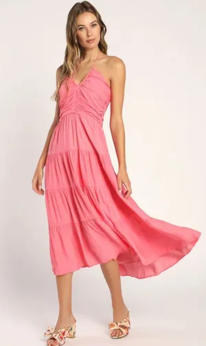 Lulus Chasing Sun Pink Tiered Keyhole Halter Midi Dress thumbnail 1
