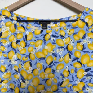 Ann Taylor Women Linen Top Small Blue Yellow Lemon Fruit Blouson‎ Gasset Resort thumbnail 4