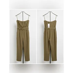 NWT Zara Women’s Textured Belted Olive Strapless Jumpsuit with Pockets Size M thumbnail 3
