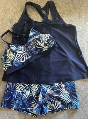Blue Tropical Leaf Tankini 3 Piece Set w/ Swim Shorts M, Swim Beach Pool Vacay thumbnail 1