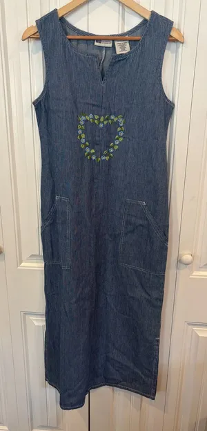 Faded glory blue and white stripe denim embroidered heart midi dress size small thumbnail 1