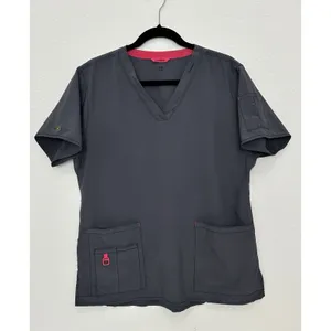 Carhartt Force Scrub Top Women’s Large Gray Pink Trim V-Neck Pockets Medical thumbnail 2