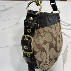 Coach Purse Zoe Signature Khaki Brown Canvas Hobo Shoulder Bag Y2K Leather Trim thumbnail 5