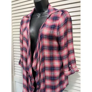 Aeropostale Flannel Pink/Black Open Long Tab Sleeve‎ Shirt Size Small Shawl Neck thumbnail 2