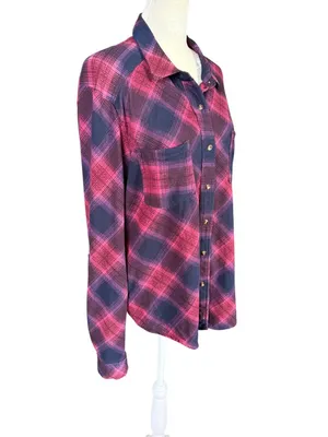 Eden & Olivia deep cranberry plaid long sleeve collared button down shirt L thumbnail 2