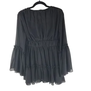 Miss Ord Black Tiered Ruffle Sheer Bell Sleeve Chiffon Top Tunic Zipper Back M thumbnail 3