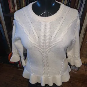 Kate Spade cream wool/cashmere cable knit ruffled hem S romantic royalcore sweat thumbnail 2