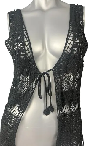 Black Crochet Fringe Vest Boho Chic Fairycore Knit Festival Tassels Badass Small thumbnail 2