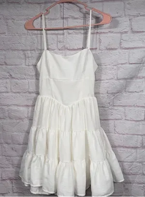 Women’s White Tiered Mini Dress XS Open Back Tie Cottagecore Party Dress NWOT thumbnail 1
