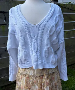 J. Crew Cable Knit White Sweater Chunky Cropped Preppy Academia‎ Y2K Fisherman thumbnail 1