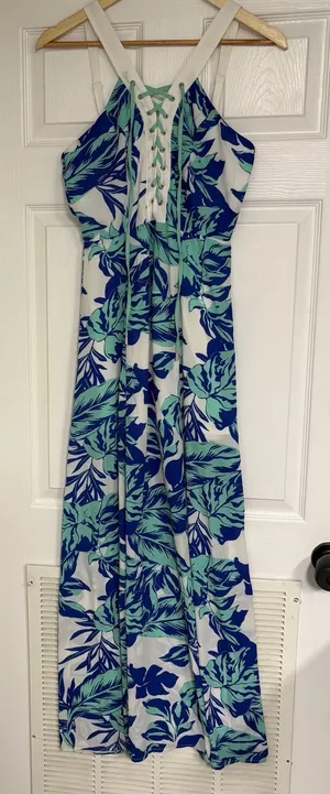 Jealous Tomato Blue And White Lace‎ Up Maxi Dress Size Small thumbnail 1