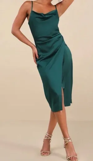 Lulus Women's Drape Neck Hollywood Woman's Forest Green Satan Midi Dress thumbnail 1