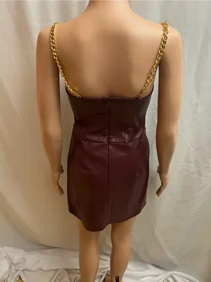 MICAS Burgundy Faux Leather Corset Mini Dress Gold Chain Straps Size S NWT thumbnail 2