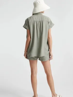 Quince Olive Green Vintage Wash Tencel Short Sleeve Camp Shirt - Size - Medium thumbnail 3