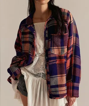 Free People We The Free Cozy In Plaid Button Down Shirt Navy Sabrina Plaid - NWT thumbnail 1
