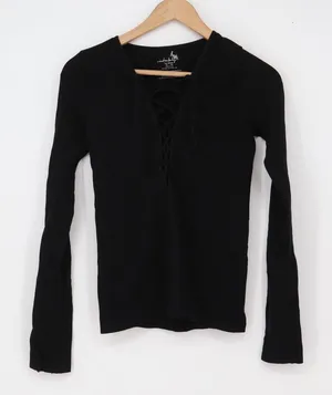 Free People Top Womens M/L Lace-Up V-Neck Black Long Sleeve Slim Fit Excellent thumbnail 1