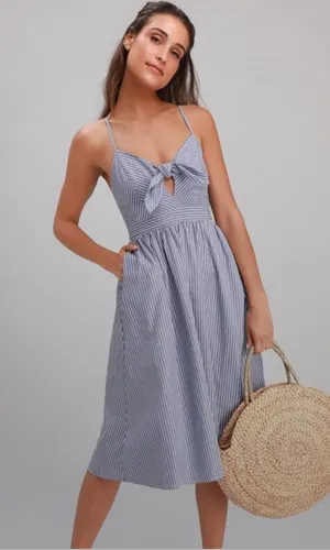 Lulu's Joyful Days Blue Pinstripe Tie-Front Midi Dress | Size Large Like New thumbnail 1