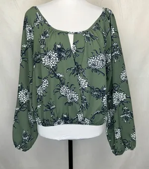 Let Them Eat Cake Sz L Crop Top Green Blue Flowers V-Neck Wrap elastic waist thumbnail 1