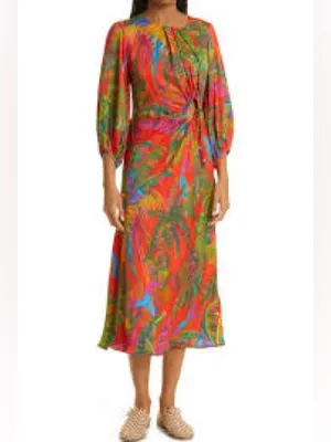 Farm Rio Urban Jungle Midi Dress Womens Small Orange Green Excellent Cutout thumbnail 3