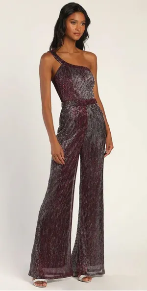 Lulu’s Glitter Girl Shiny Purple One Shoulder Jumpsuit Size M thumbnail 1