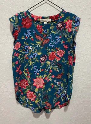 LOFT Floral V-Neck Teal Blouse Sz XS Office Casual preppy thumbnail 1