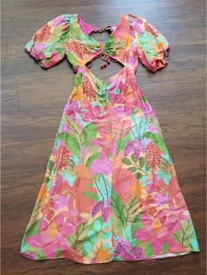 FARM Rio Pink Tropical Maxi Dress Size S Open Back Summer Vacation Boho Flawed thumbnail 1