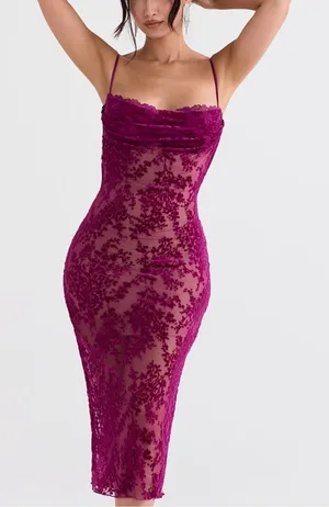House of CB Ione Cranberry Devore Midi Mesh Burnout Velvet Style Dress Size: S thumbnail 1