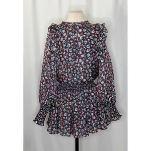 RAMY BROOK Silk Penelope Dress Roco Floral Mini Ruffled Smocked Purple Teal XS thumbnail 10