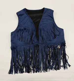 Wdirara Women Blue Faux Suede Fringe Vest Western Boho Cropped Open Front size L thumbnail 1