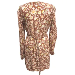 Billabong Wrap Dress Red Clay Crinkle Floral Blouson Sleeve Boho Cottage Party M thumbnail 5