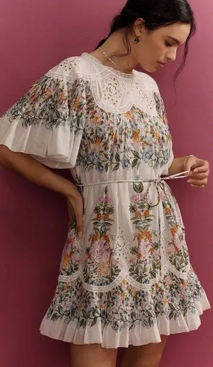 Farm Rio Sweet Bloom Dress Small Mini Bouquet Short Sleeve Eyelet Lace Garden thumbnail 1