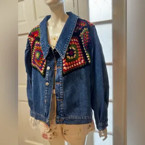 Farm Rio X Anthropologie Crochet Denim Trucker Jacket SZ Medium thumbnail 4