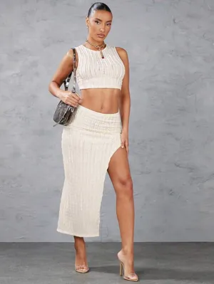 Sleeveless Ribbed Cream Maxi Skirt with High Slit 2 pcs thumbnail 4