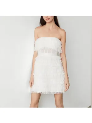 NWT BCBG MaxAzria Tulle Lace Strapless Ruffle Mini Dress Off White Bridal Size 6 thumbnail 2