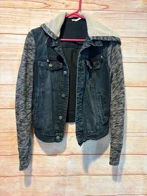 Free People Black Denim Jacket with Gray Knit Sleeves and Collar thumbnail 1