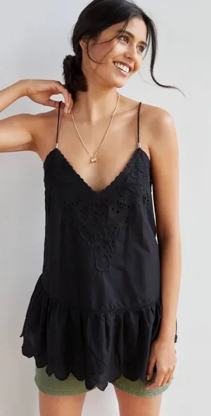 Anthropologie Let Me Be Lace Peplum Embroidered V-Neck Tank Top Black thumbnail 1