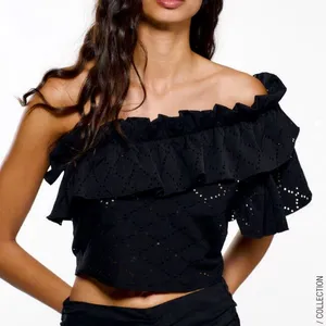 Zara One Shoulder Eyelet Ruffle Top Black Large Stretchy thumbnail 1