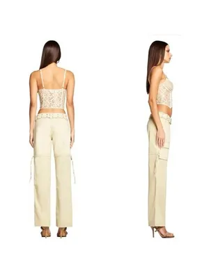 NWT I.AM.GIA Elena Top S Tan Ivory Lace Corset Sheer Crop Burnout Cut Out Velvet thumbnail 3