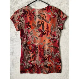 Vintage Boho Floral Top Brown Orange Leaf Print V Neck Cap Sleeve Fall Blouse MD thumbnail 3