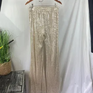 Impressions Sequins Tan & Gold Palazzo Flair Hem Pants L thumbnail 5