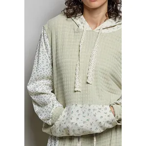 POL Mixed Knit Contrast Print Sleeve Hoodie with Kangaroo Pocket - Sage - Medium thumbnail 6